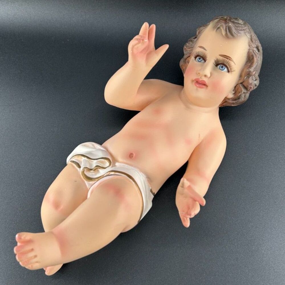 VTG Baby Jesus Nativity Chalk Ware Glass Eyes Real Eyelashes 14"L x 5.5"H x 7"W